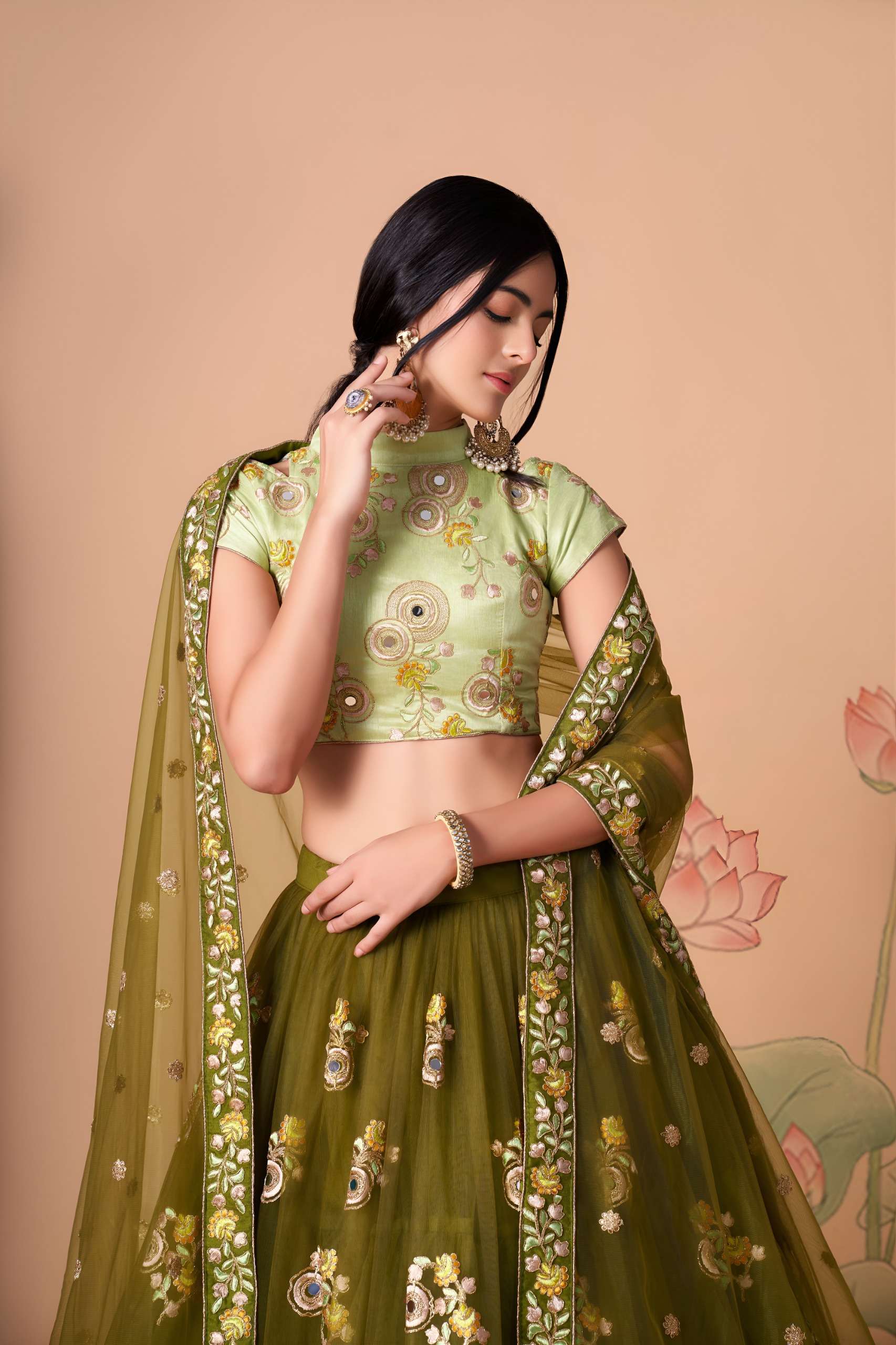Olive Green & Pista colour Mirror and Embroidered work om net Lehenga Choli supplier in surat 7325 Mehndi